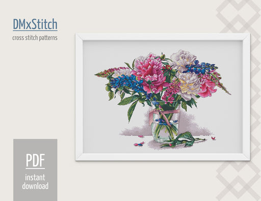 Peonies Cross stitch pattern Flower Cross Stitch pdf Modern cross stitch pattern Floral cross stitch Counted cross stitch Still life - Wizardi