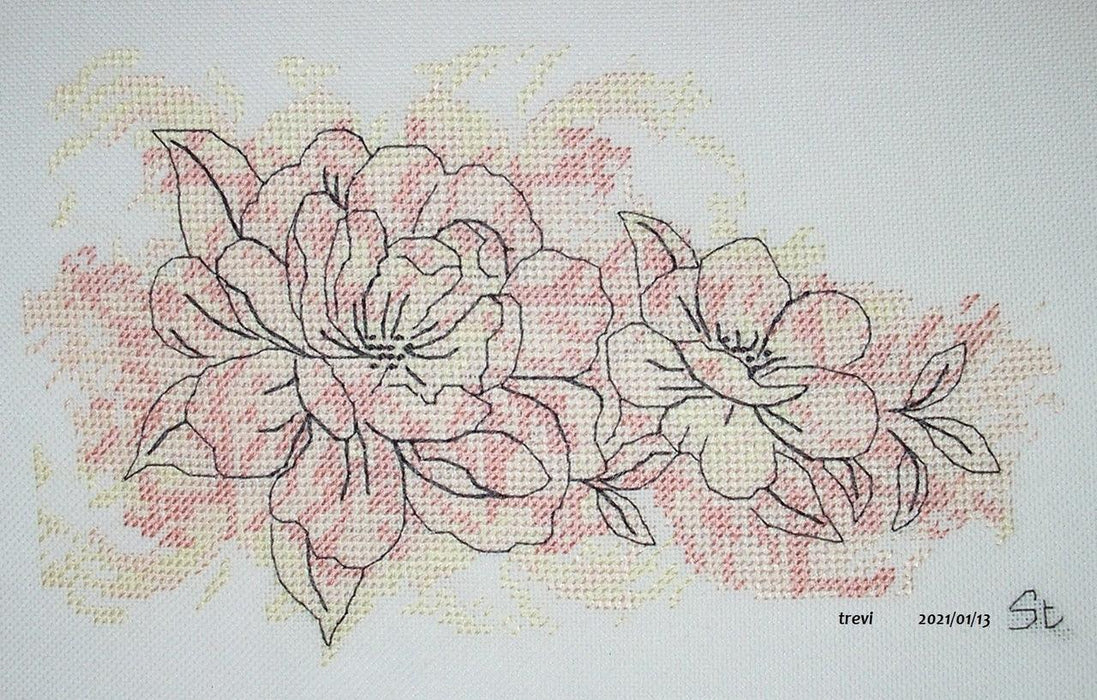 Peony with Aquarelle Background - PDF Free Cross Stitch Pattern - Wizardi