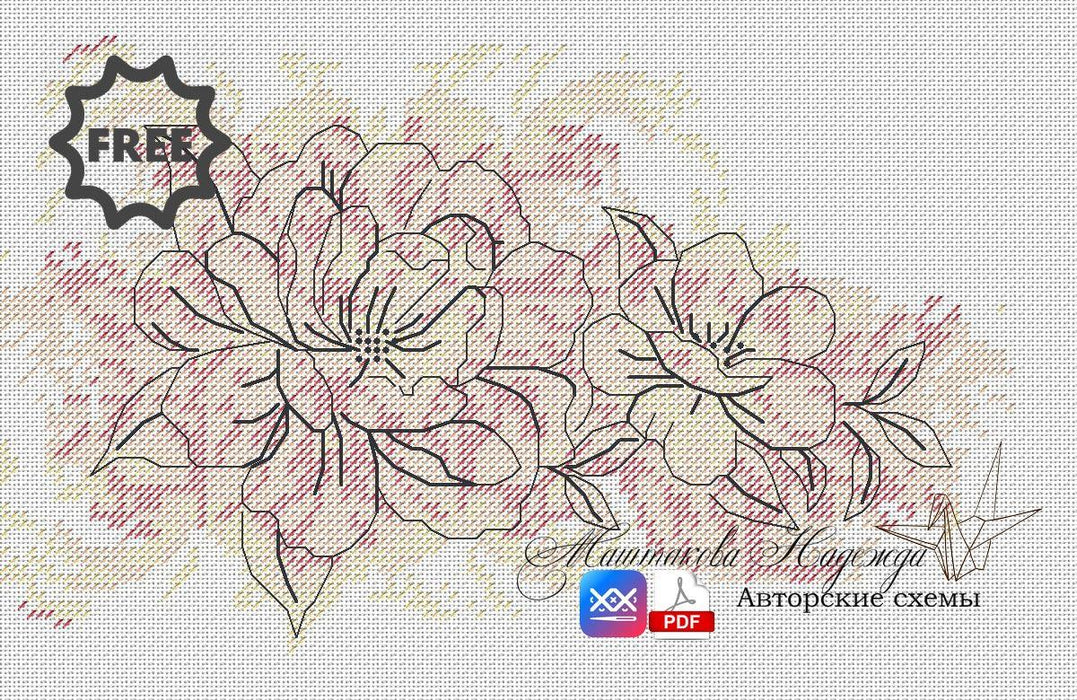 Peony with Aquarelle Background - PDF Free Cross Stitch Pattern - Wizardi