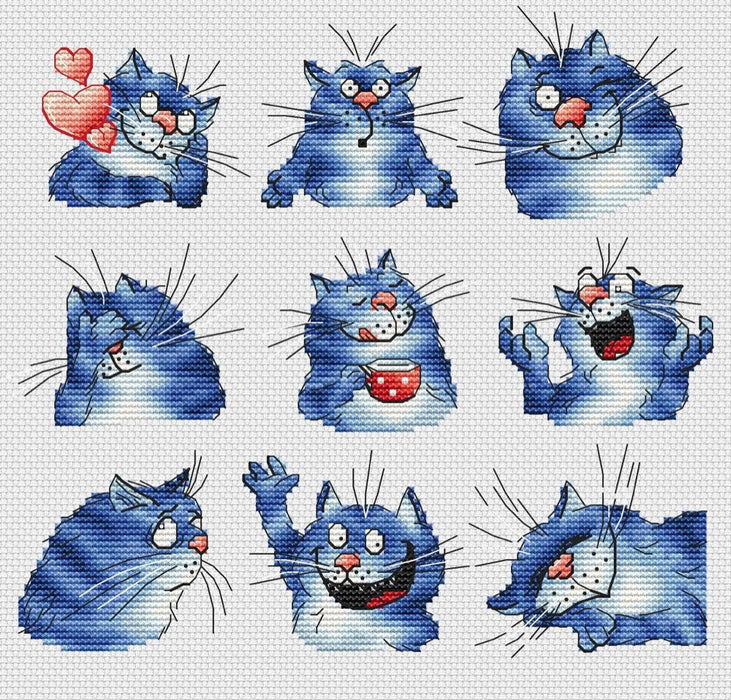 Plastic Canvas Blue Cat. Emotions - PDF Cross Stitch Pattern - Wizardi