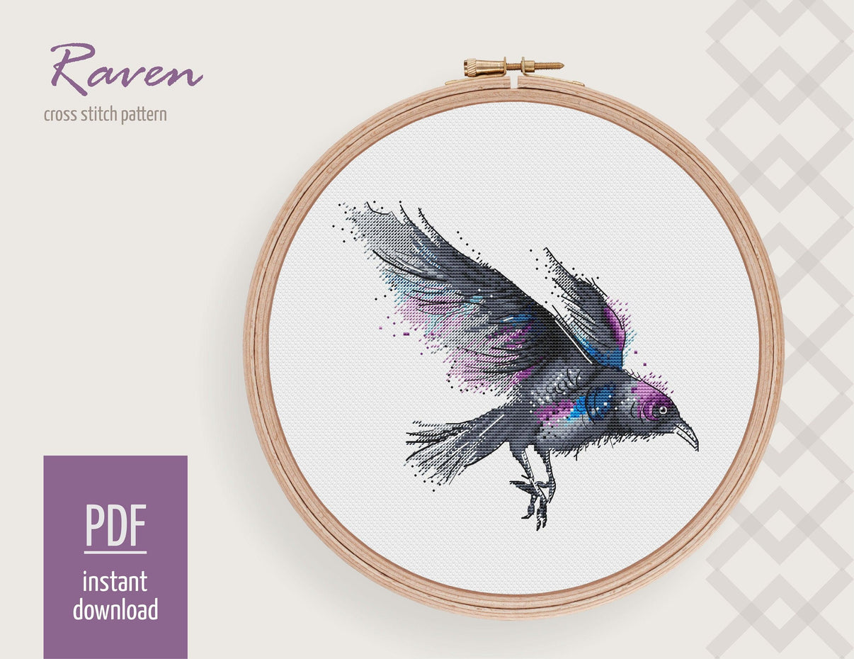Raven Cross stitch pattern Bird Cross Stitch Chart Crow Cross stitch pattern PDF Needlepoint Pattern Watercolor embroidery design X-stitch - Wizardi