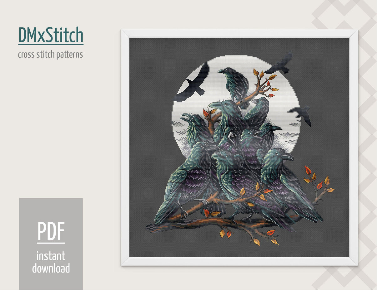 Ravens Cross stitch pattern Bird Cross Stitch pdf Modern cross stitch pattern Crow cross stitch Counted cross stitch Halloween cross stitch - Wizardi