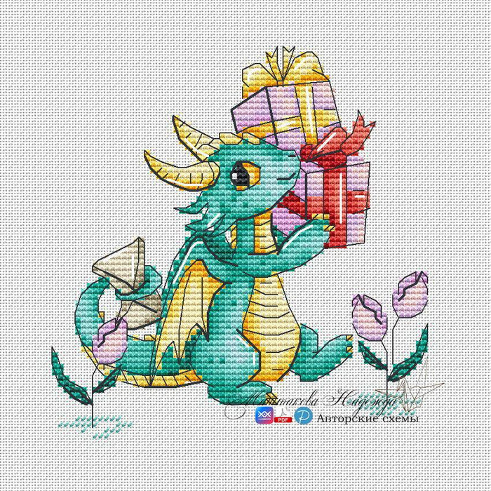 Romantic Dragons. I am bringing Presents - PDF Cross Stitch Pattern - Wizardi