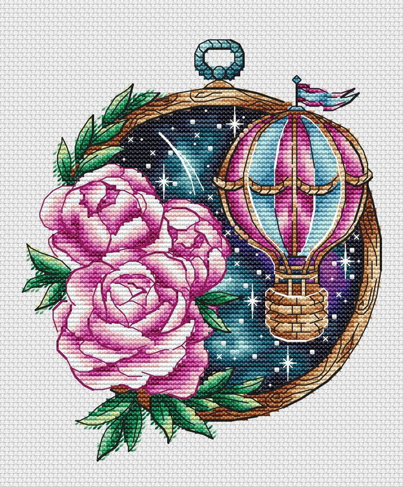 Space Balloon. Pink Peonies - PDF Cross Stitch Pattern - Wizardi