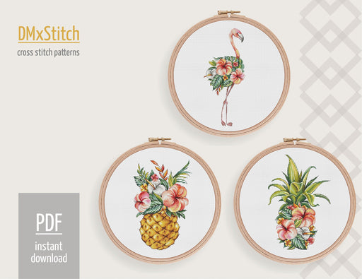 Tropical set Cross stitch pattern Flowers Cross Stitch pdf Modern cross stitch pattern Flamingo cross stitch Pineapple cross stitch Aloha - Wizardi